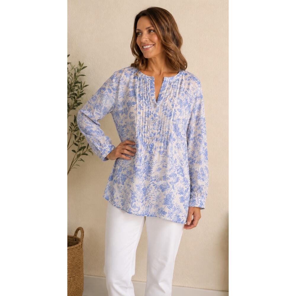 J. Jill Love Linen Floral Tunic Top Large Blue White 100% Linen Long Sleeve Boho - Picture 1 of 12